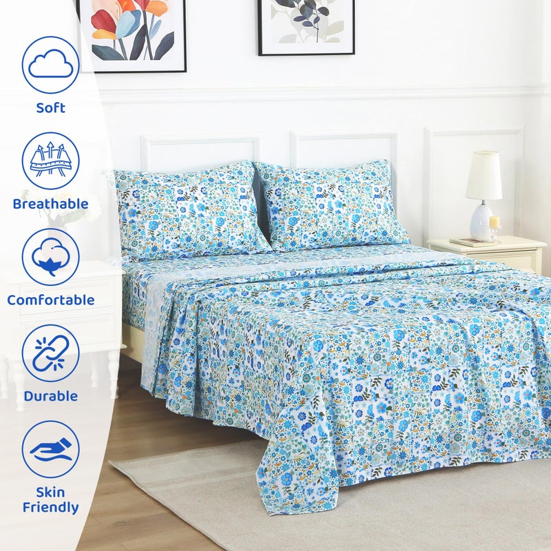 Mooreeke Queen Size Sheets Set - 4 Piece Soft Breathable Microfiber Bed Sheet Set - Blue & White Flower Pattern Sheet Set Queen - Deep Pocket Non-Slip Floral Fitted Sheet Included for All Season - Image 3