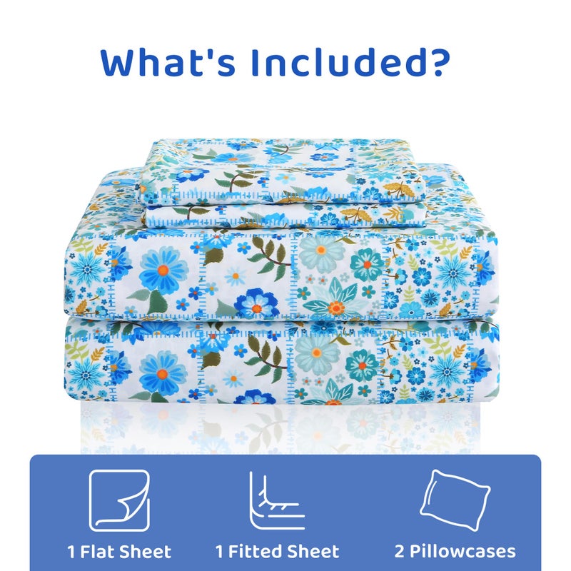 Mooreeke Queen Size Sheets Set - 4 Piece Soft Breathable Microfiber Bed Sheet Set - Blue & White Flower Pattern Sheet Set Queen - Deep Pocket Non-Slip Floral Fitted Sheet Included for All Season - Image 2