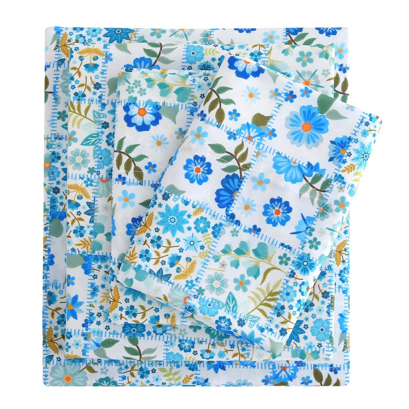 Mooreeke Queen Size Sheets Set - 4 Piece Soft Breathable Microfiber Bed Sheet Set - Blue & White Flower Pattern Sheet Set Queen - Deep Pocket Non-Slip Floral Fitted Sheet Included for All Season - Image 1