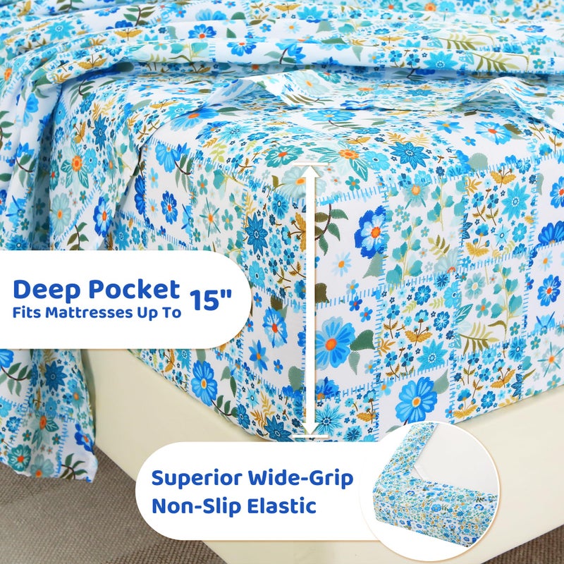 Mooreeke Queen Size Sheets Set - 4 Piece Soft Breathable Microfiber Bed Sheet Set - Blue & White Flower Pattern Sheet Set Queen - Deep Pocket Non-Slip Floral Fitted Sheet Included for All Season - Image 4