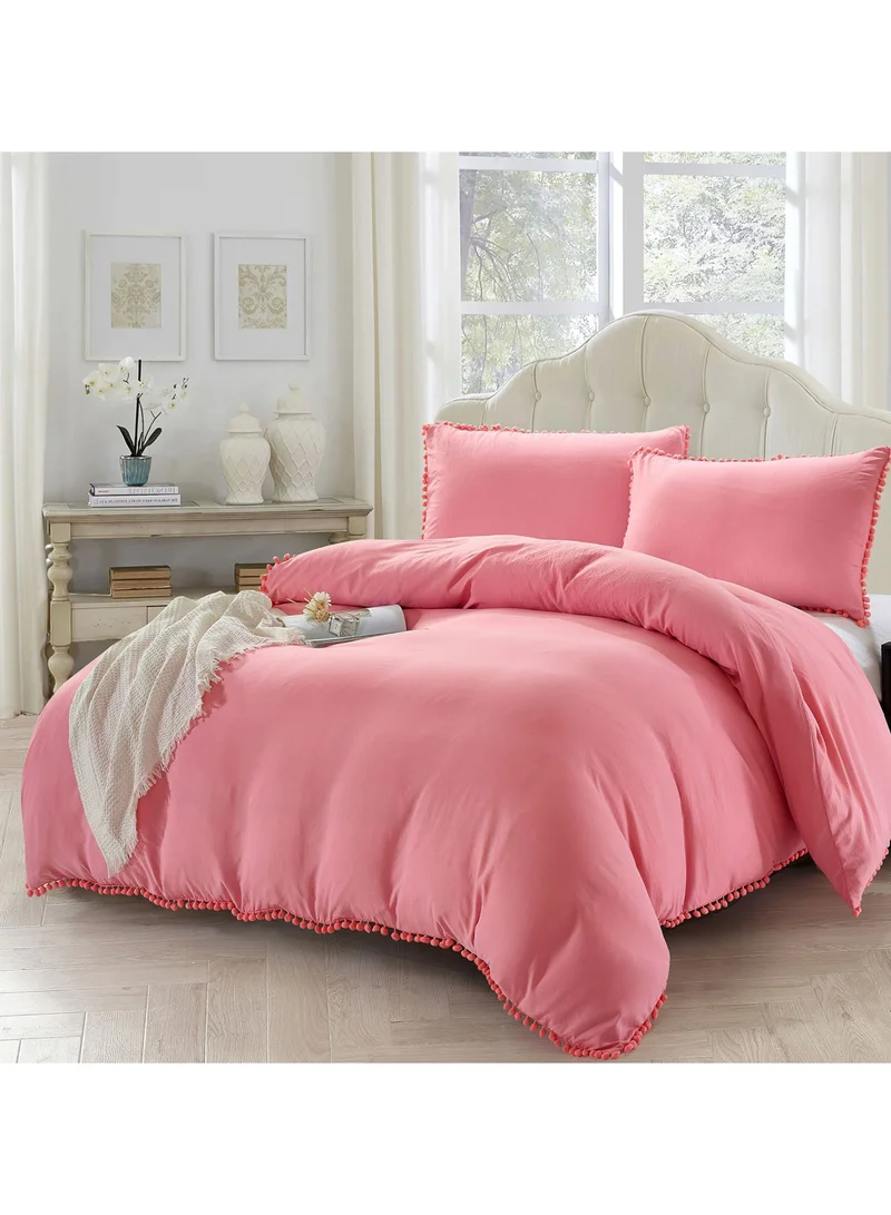 Donetella Duvet Set 3-Pcs King Size All Season Duvet With Applique Pompom Design(Without Filler/Insert),Pink