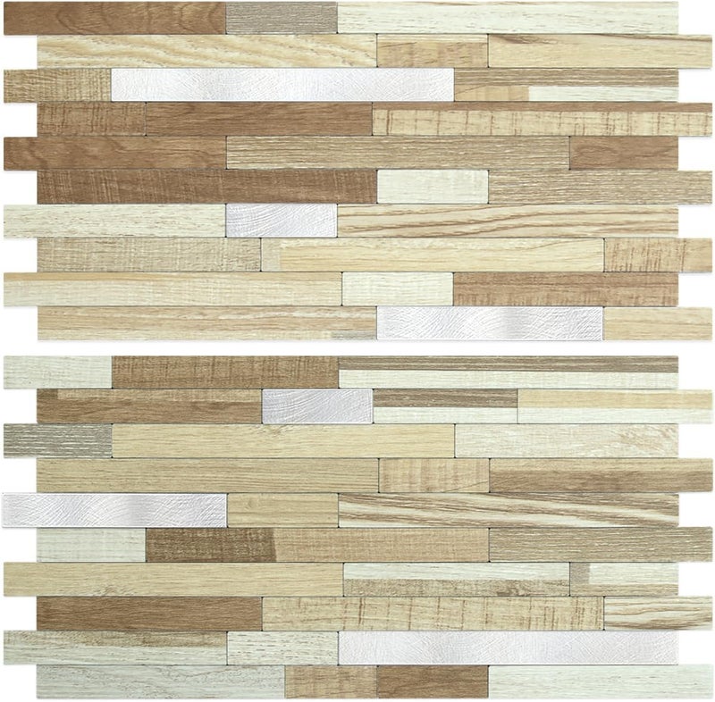 AULIGET 20 Sheets Beige & Brown Wood Peel and Stick Backsplash, PVC Mixed Metal Silver Wall Tile Stick on Backsplash for Kitchen and Bathroom - Image 1