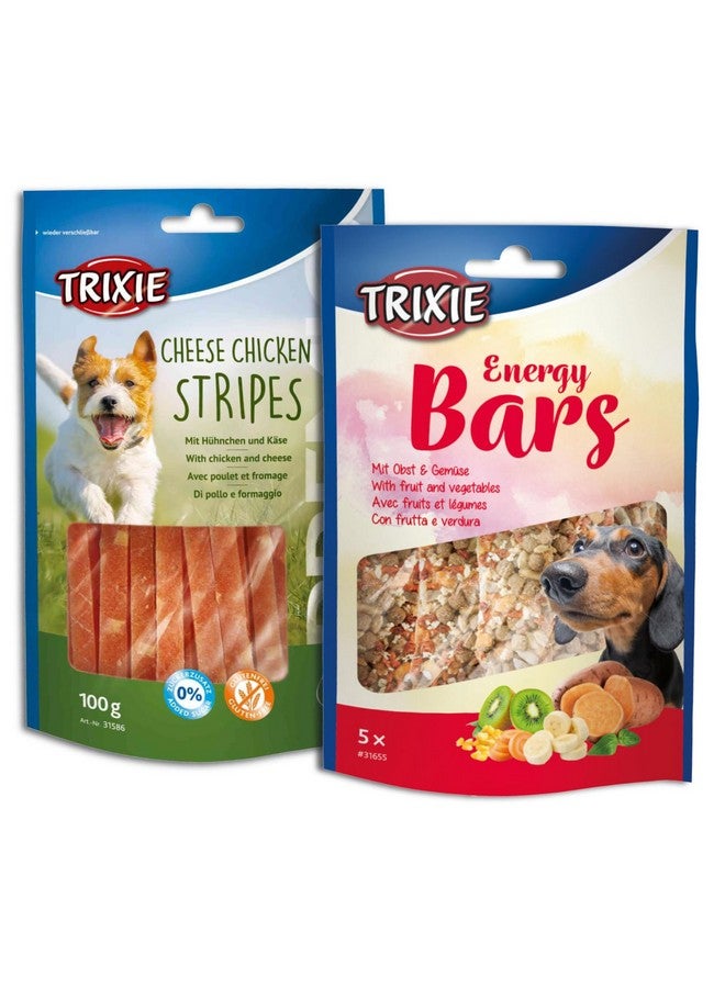 تريكسي مجموعة مكافآت الكلاب الفاخرة: شرائح الدجاج بالجبن، 100 جرام وألواح الطاقة مع الفواكه والخضروات 100 جرام - وجبات خفيفة غنية بالبروتين للتدريب لجميع سلالات الكلاب - Image 1