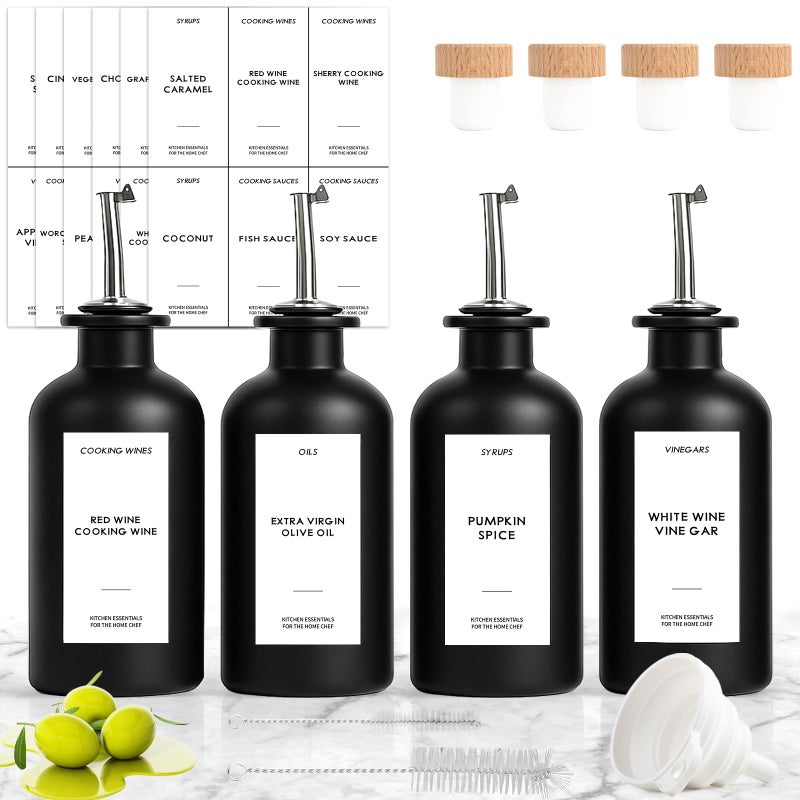 GYOSUGANG 4PCS Olive Oil Dispenser Bottle For Kitchen, Soy Sauce Dispenser w. Labels, Glass Oil and Vinegar Dispenser Set, Coffee Syrup Dispenserï¼ŒCooking Oil Dispenser (Black,12OZ) - Image 1