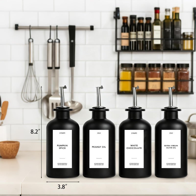 GYOSUGANG 4PCS Olive Oil Dispenser Bottle For Kitchen, Soy Sauce Dispenser w. Labels, Glass Oil and Vinegar Dispenser Set, Coffee Syrup Dispenserï¼ŒCooking Oil Dispenser (Black,12OZ) - Image 3