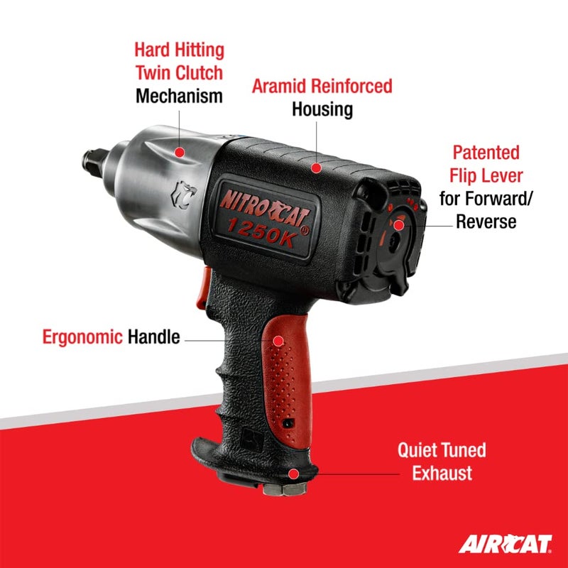 AIRCAT Pneumatic Tools 1250-K 1/2-inch NITROCAT Composite Twin Clutch Impact Wrench - Powerful & Long-Lasting Power Wrench - Air Tool with Ergonomic Handle - Image 2