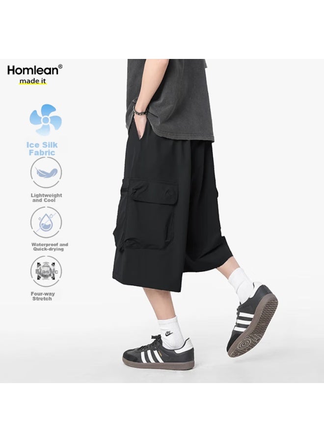 Homlean Outdoor Workwear Casual Pants Summer Men's Loose Straight Wide Leg Sports Thin Seven-point Pants Hw01 Black XL - Image 1