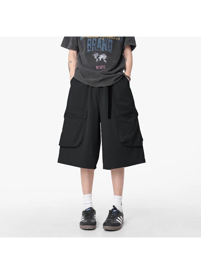 Homlean Outdoor Workwear Casual Pants Summer Men's Loose Straight Wide Leg Sports Thin Seven-point Pants Hw01 Black XL - Image 2
