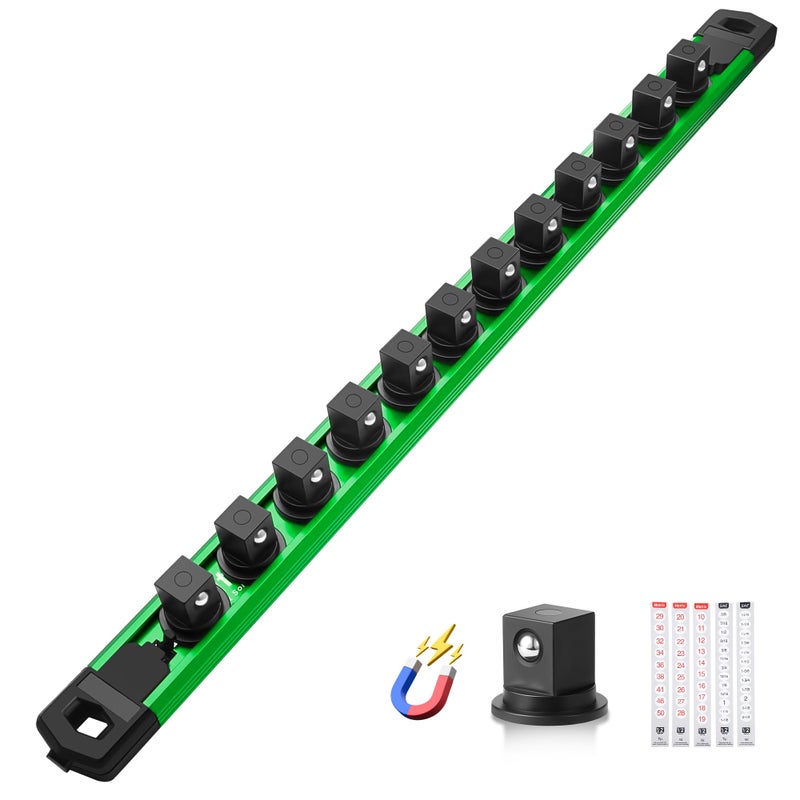 Reniteco Magnetic Socket Organizer, 1/2" Drive Aluminum Alloy Socket Rail, Heavy Duty Magnetic Socket Holder with 12PC 360Â° Swivel Removable Clips, Magnetic Socket Rack for Tool Box Drawer, Green - Image 1