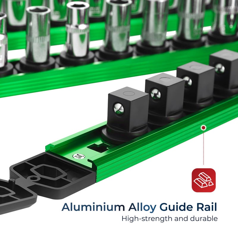 Reniteco Magnetic Socket Organizer, 1/2" Drive Aluminum Alloy Socket Rail, Heavy Duty Magnetic Socket Holder with 12PC 360Â° Swivel Removable Clips, Magnetic Socket Rack for Tool Box Drawer, Green - Image 5