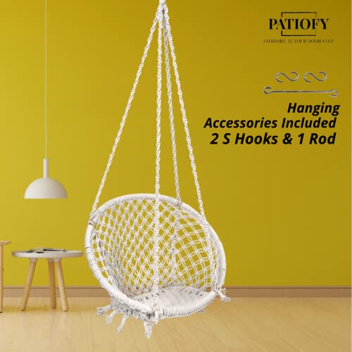 Patiofy Swing For Adults/Swing For Balcony/Swing Chair/Cotton Round Swing For Home/Swing For Indoor&Outdoor/Wooden Swing For Chair/Jhula For Adults/Includes Free Hanging Kit-White-66 Cm,25.4 Cm,4 Cm - Image 4