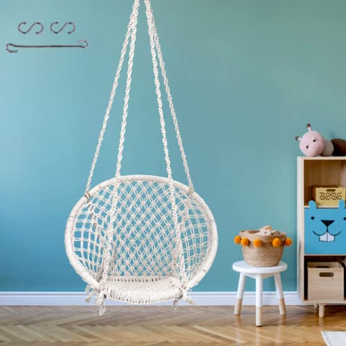 Patiofy Swing For Adults/Swing For Balcony/Swing Chair/Cotton Round Swing For Home/Swing For Indoor&Outdoor/Wooden Swing For Chair/Jhula For Adults/Includes Free Hanging Kit-White-66 Cm,25.4 Cm,4 Cm - Image 1