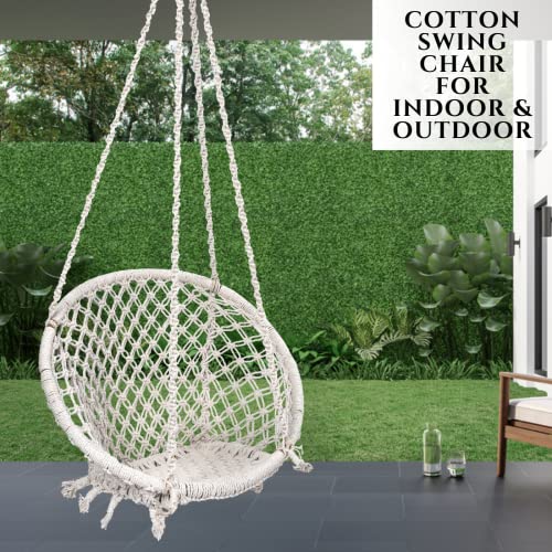 Patiofy Swing For Adults/Swing For Balcony/Swing Chair/Cotton Round Swing For Home/Swing For Indoor&Outdoor/Wooden Swing For Chair/Jhula For Adults/Includes Free Hanging Kit-White-66 Cm,25.4 Cm,4 Cm - Image 2