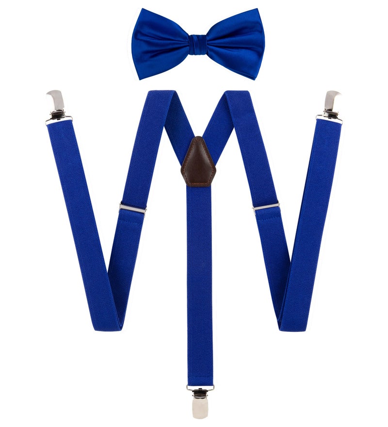 Tie G U Style TIE G Solid Color Men's Suspender + Woven Bow Tie Set for Wedding : Vivid Color, Adjustable Brace, Strong Enhanced Clip, Elastic Band (Royal Blue) - Image 1