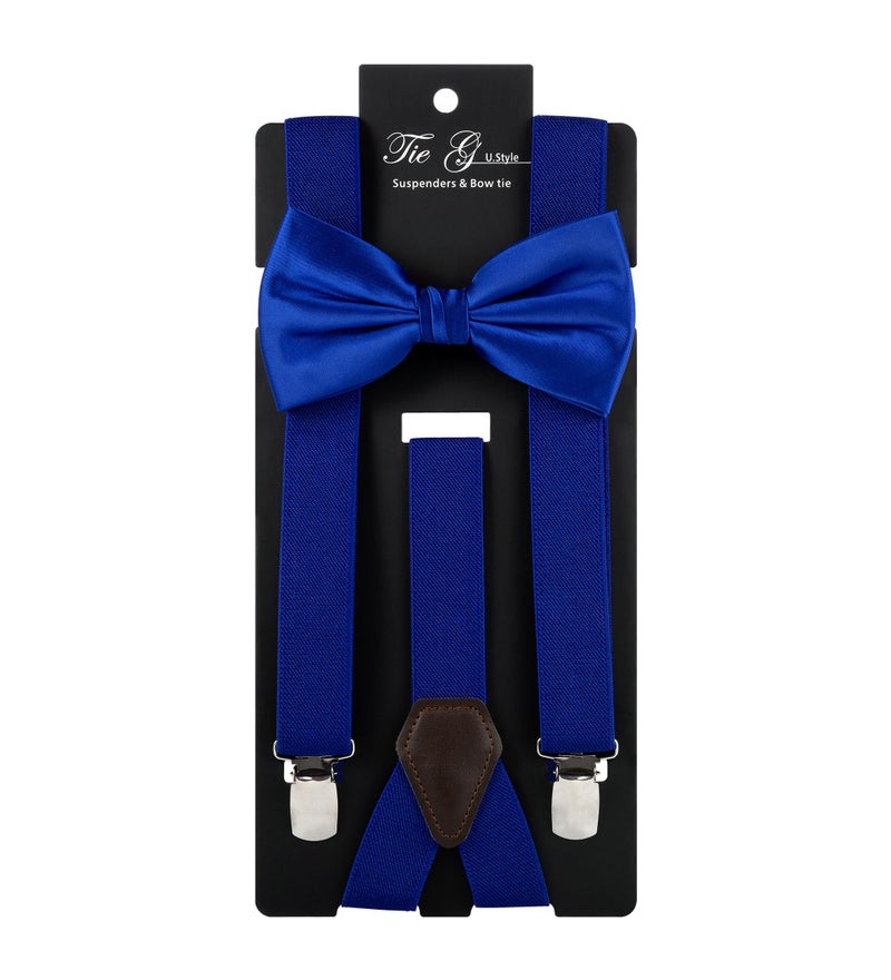 Tie G U Style TIE G Solid Color Men's Suspender + Woven Bow Tie Set for Wedding : Vivid Color, Adjustable Brace, Strong Enhanced Clip, Elastic Band (Royal Blue) - Image 2