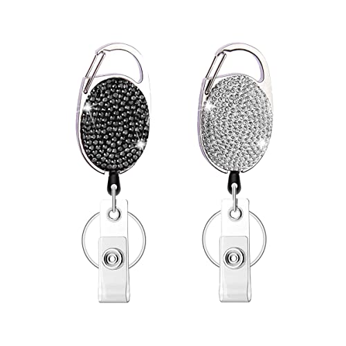 HASFINE 2 Pack Retractable Badge Reels with Bling Rhinestone,Belt Clip & Key Ring - Elegant ID Badge Holders for Office, Nurses, Teachers, and Students (Black & Silver) - Image 1