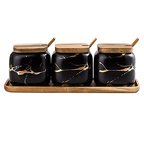 JFFLYIT 3 Pcs Porcelain Condiment Jar Pot Spice Container Ceramic Seasoning Jar with Lid Spoon and Tray Great for Home Kitchen Counter, Black - Image 1