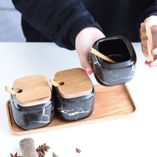 JFFLYIT 3 Pcs Porcelain Condiment Jar Pot Spice Container Ceramic Seasoning Jar with Lid Spoon and Tray Great for Home Kitchen Counter, Black - Image 3