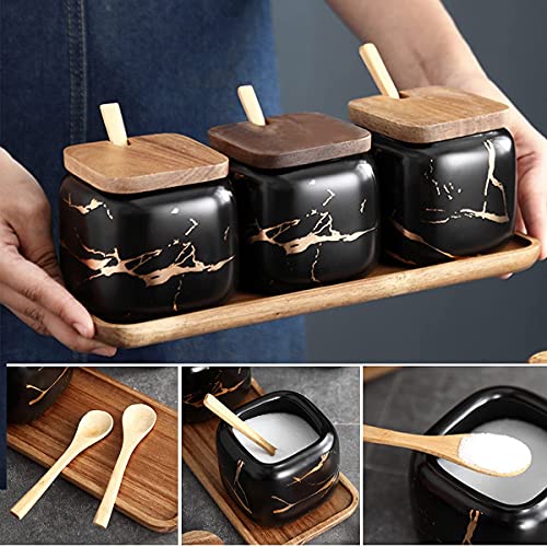 JFFLYIT 3 Pcs Porcelain Condiment Jar Pot Spice Container Ceramic Seasoning Jar with Lid Spoon and Tray Great for Home Kitchen Counter, Black - Image 4