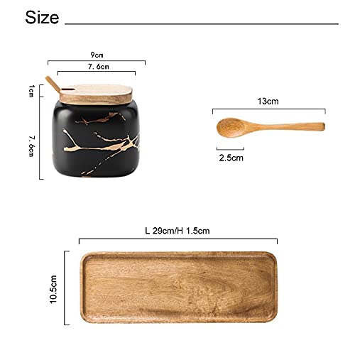 JFFLYIT 3 Pcs Porcelain Condiment Jar Pot Spice Container Ceramic Seasoning Jar with Lid Spoon and Tray Great for Home Kitchen Counter, Black - Image 2