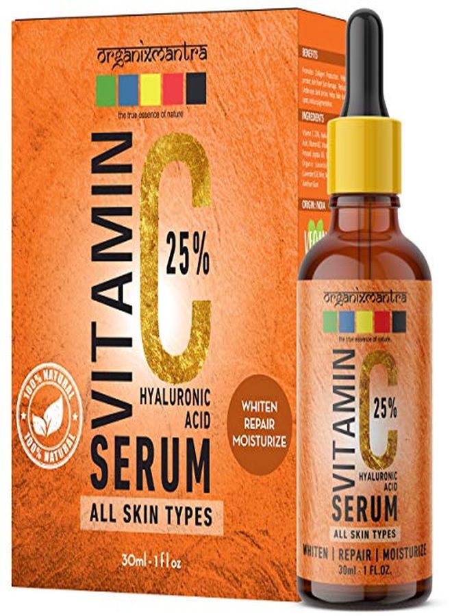 Organix Mantra Vitamin C Serum 25% For Face With Hyaluronic Acid Ferulic Acid Vitamin E B3 Jojoba Oil Aloe Vera And Grapefruit Extract 30Ml  - Image 1