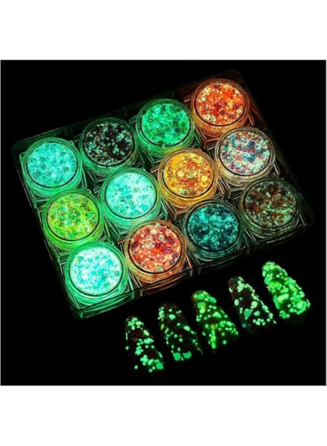 12 Colors Glow in The Dark Body Face Glitter Gel, Self-Adhesive UV Iridescent Chunky Glitter for Hair, Eyeshadow, Carnival, Halloween & Party Makeup - Image 1