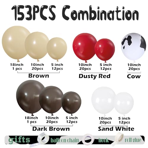 Vztipki 153 Pcs Red Brown Cow Balloon Arch Garland Kit RedBrownCoffee Sand White and Cow Print Balloons for Cowgirl Cowboy Baby Shower Birthday Western Farm Animals Theme Party Decorations - Image 5