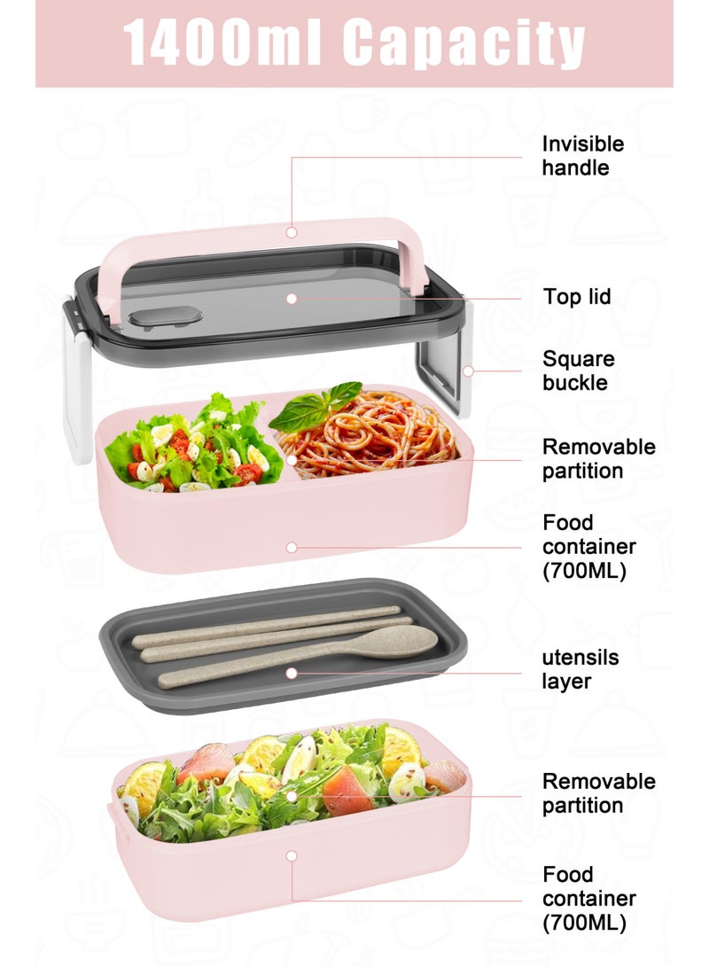 Xkimos Double Layer Leakproof Bento Box - Large Lunch Box with Dividers and Cutlery Set - Adult Kids Lunch Box Container Food Box, Pink  - Image 2