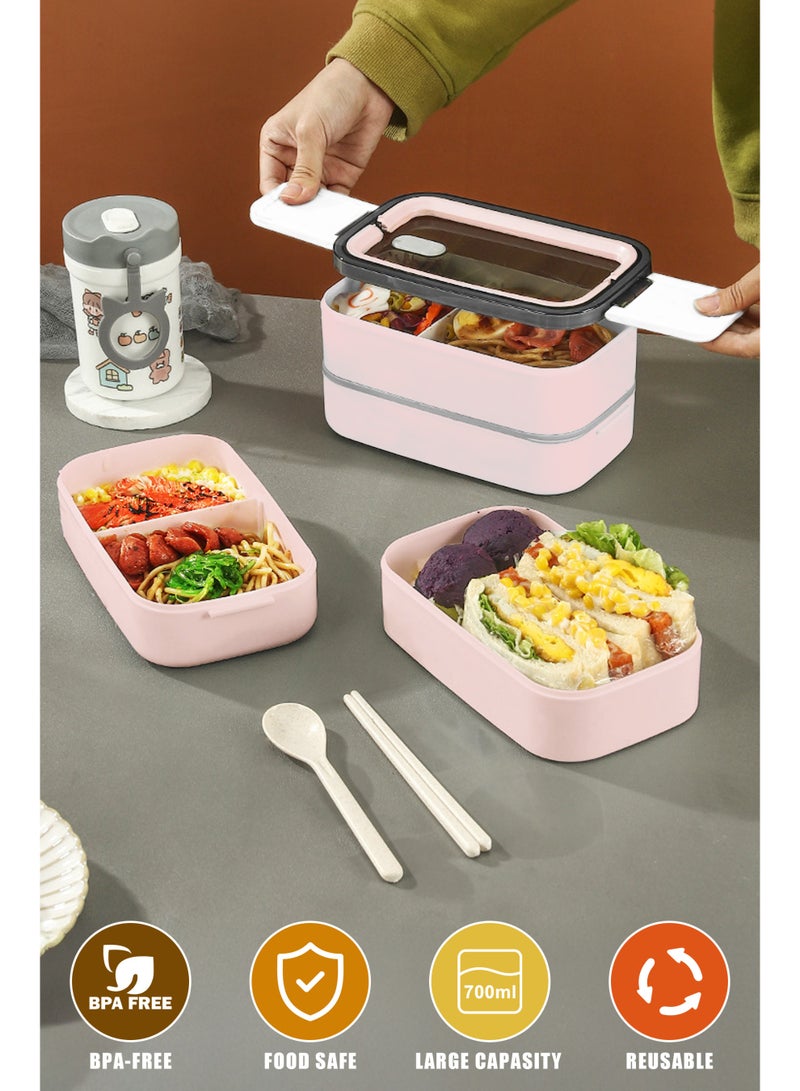 Xkimos Double Layer Leakproof Bento Box - Large Lunch Box with Dividers and Cutlery Set - Adult Kids Lunch Box Container Food Box, Pink  - Image 3