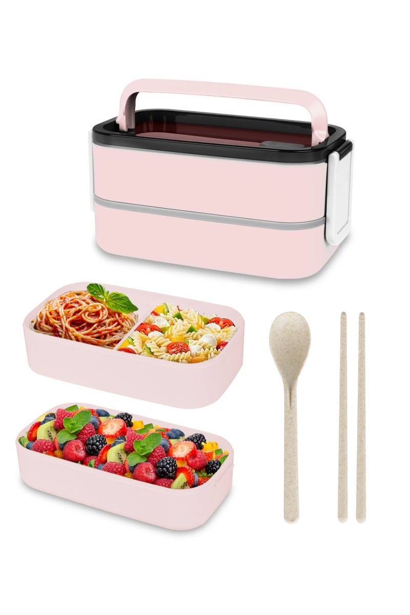 Xkimos Double Layer Leakproof Bento Box - Large Lunch Box with Dividers and Cutlery Set - Adult Kids Lunch Box Container Food Box, Pink  - Image 1