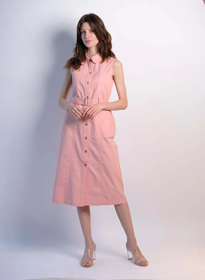Virgio light pink VIRGIO 100% Cotton Front Open Twill Dress With Belt for Women | Best Price UAE