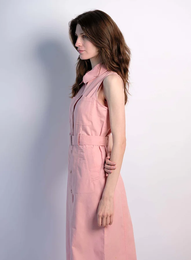 Virgio light pink VIRGIO 100% Cotton Front Open Twill Dress With Belt for Women | Best Price UAE