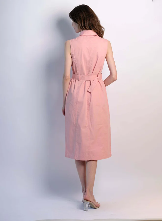 Virgio light pink VIRGIO 100% Cotton Front Open Twill Dress With Belt for Women | Best Price UAE