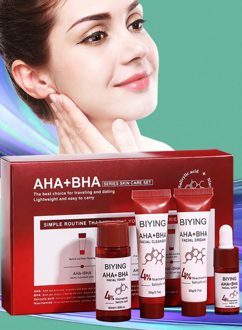 BIYING 4Pcs AHA BHA Series Skin Care Set for Face Hydration Exfoliate Moisturizing and Cleansing with AHA BHA Facial Cleanser Toner Serum and Cream with Salicylic Acid and Niacinamide Skin Care Kit  - Image 1