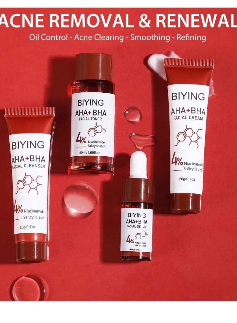 BIYING 4Pcs AHA BHA Series Skin Care Set for Face Hydration Exfoliate Moisturizing and Cleansing with AHA BHA Facial Cleanser Toner Serum and Cream with Salicylic Acid and Niacinamide Skin Care Kit  - Image 2