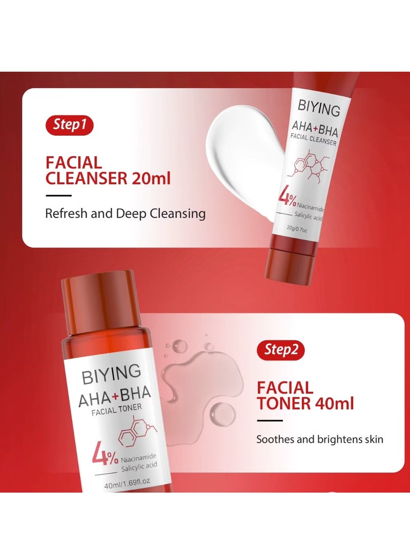 BIYING 4Pcs AHA BHA Series Skin Care Set for Face Hydration Exfoliate Moisturizing and Cleansing with AHA BHA Facial Cleanser Toner Serum and Cream with Salicylic Acid and Niacinamide Skin Care Kit  - Image 3