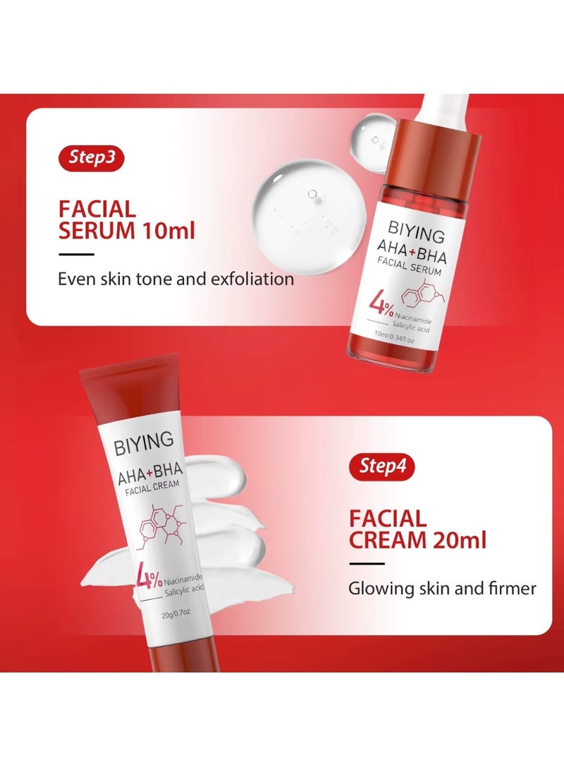 BIYING 4Pcs AHA BHA Series Skin Care Set for Face Hydration Exfoliate Moisturizing and Cleansing with AHA BHA Facial Cleanser Toner Serum and Cream with Salicylic Acid and Niacinamide Skin Care Kit  - Image 4