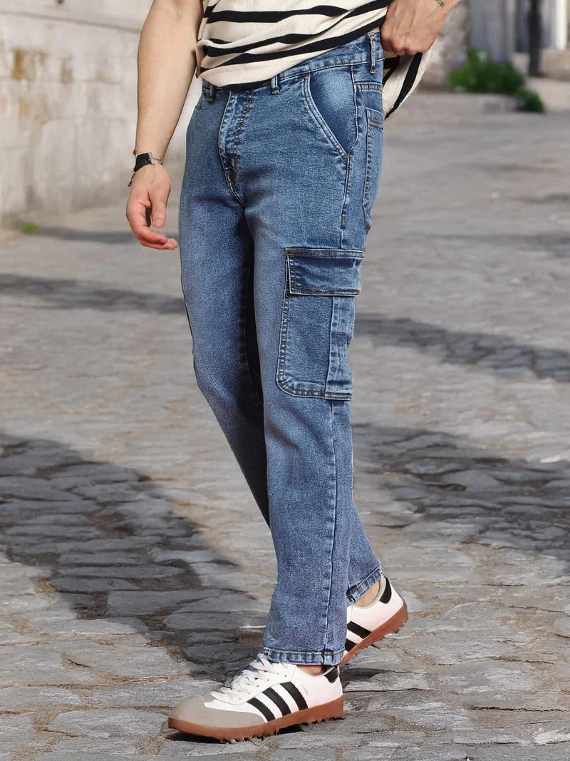 Urbano Fashion Men's Light Blue Regular Fit Washed Cargo Jeans with 6 Pockets Stretchable