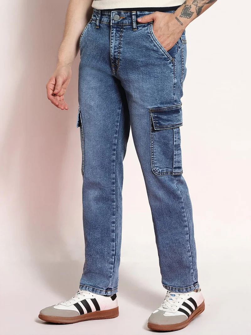 Urbano Fashion  Urbano Fashion Men's Light Blue Regular Fit Washed Cargo Jeans with 6 Pockets Stretchable  | Best Price UAE