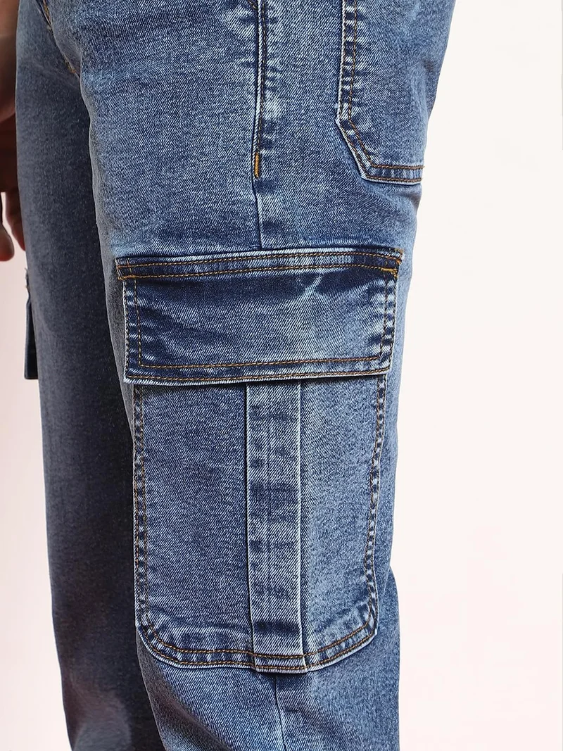 Urbano Fashion  Urbano Fashion Men's Light Blue Regular Fit Washed Cargo Jeans with 6 Pockets Stretchable  | Best Price UAE