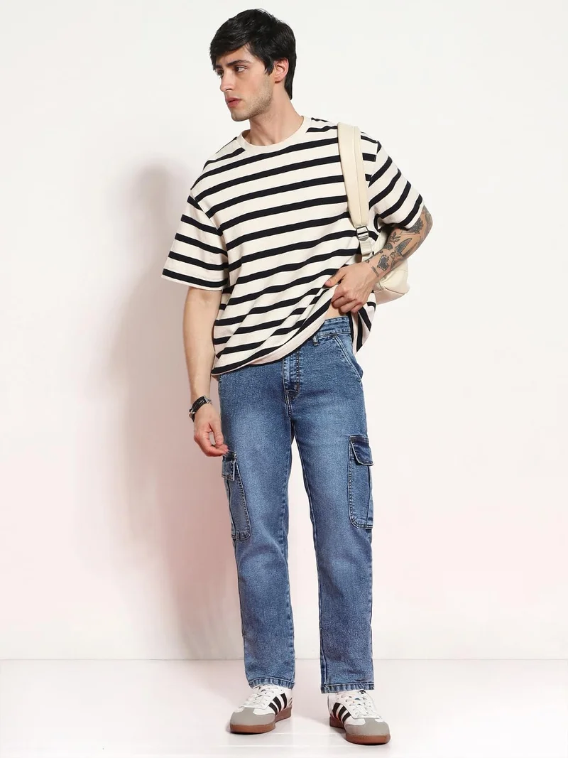 Urbano Fashion  Urbano Fashion Men's Light Blue Regular Fit Washed Cargo Jeans with 6 Pockets Stretchable  | Best Price UAE