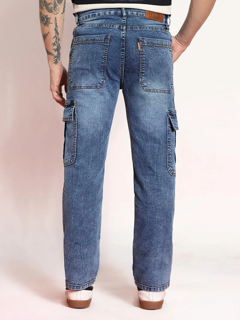 Urbano Fashion  Urbano Fashion Men's Light Blue Regular Fit Washed Cargo Jeans with 6 Pockets Stretchable  | Best Price UAE