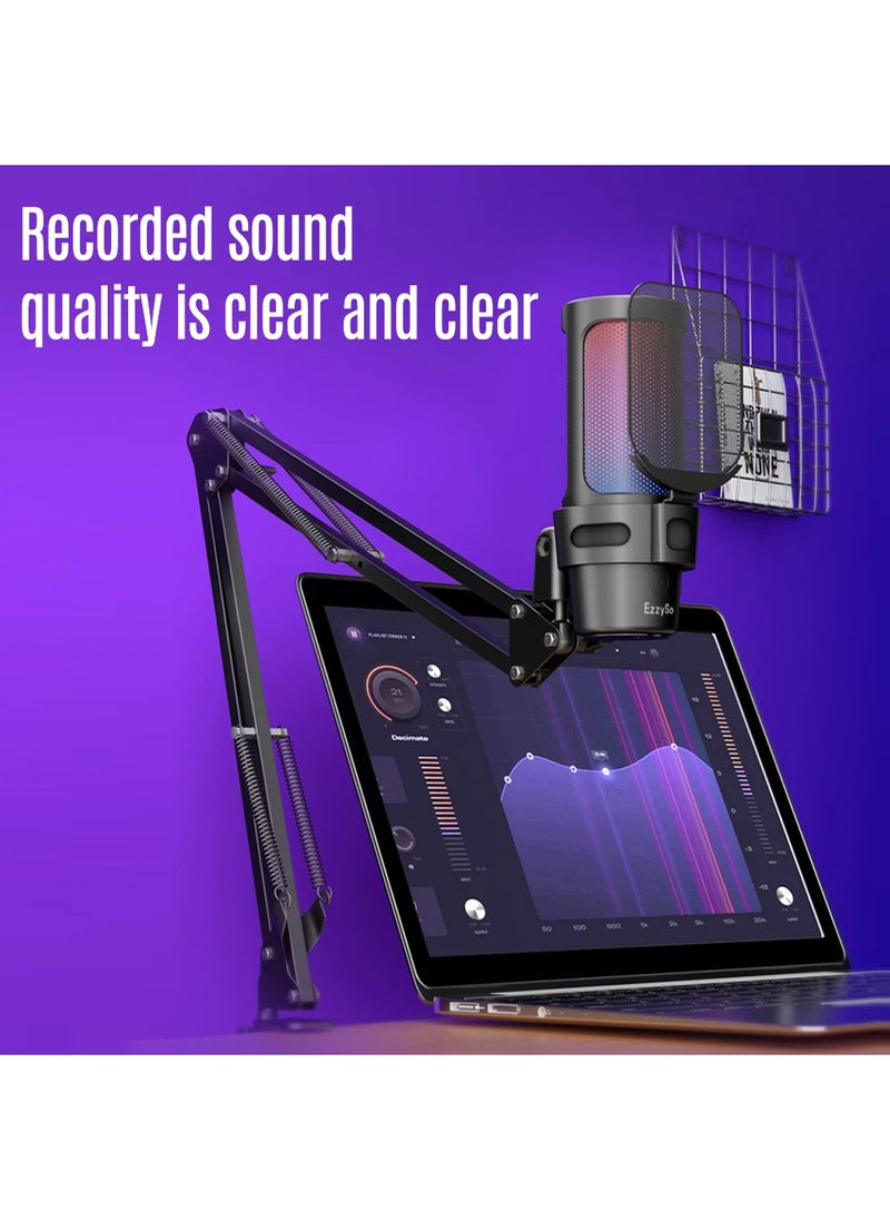 EzzySo - Wired Microphone Gaming Condenser Microphone Professional Desktop Recording Mic With Adjustable Arm Stand For Studio Recording Dubbing Network Online Class - Image 1