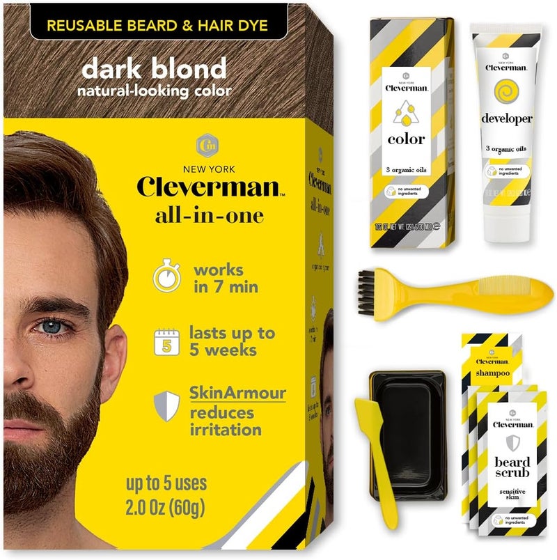 Cleverman Hair & Beard Dye Kit for Men, All-in-One Reusable Mens Hair Color, Natural Gray Coverage, Ammonia-Free Beard Mustache Dye for Men (Dark Blonde) - Image 1
