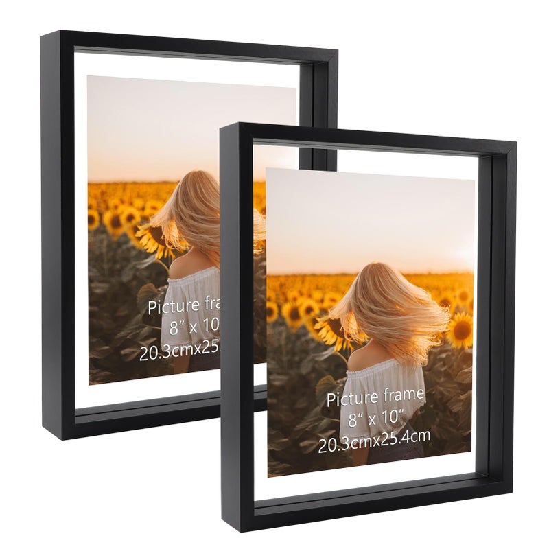 WIFTREY Black 8x10 Floating Picture Frame 2 Pack Double Glass Distressed Floating Photo Frame for Tabletop or Wall Mount Displays Photo up to 10x12