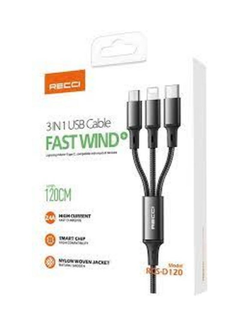 ريتشي كابل Ricci RCS-D120 متعدد 3-في-1 للشحن السريع | USB إلى Type-C وMicro USB وLightning | متين لنقل البيانات والشحن - Image 1