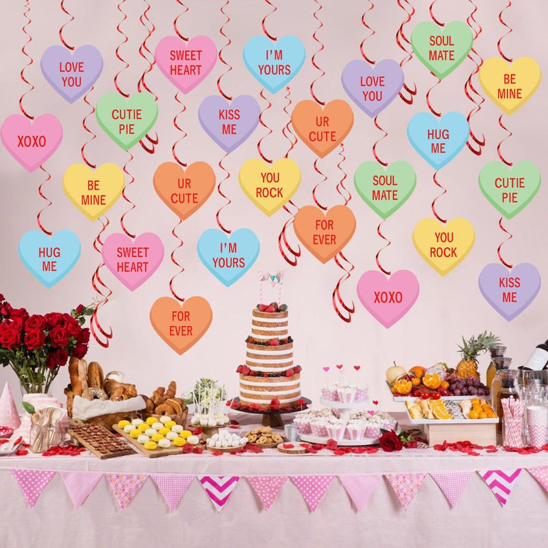 Maniaacer 30 PCS Valentines Day Hanging Swirl Decorations Pre-Strung Candy Heart Hanging Decoration Colorful Conversation Hearts Ceiling Streamers for Valentines Day Party Home Decor - Image 5