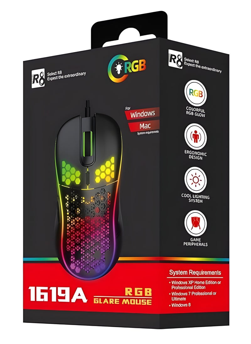 R8 - R8 1619A RGB Gaming Mouse – Multi-Mode Lighting, DPI Control, Comfortable Design, Compatible with Windows and Mac-BLACK - Image 1