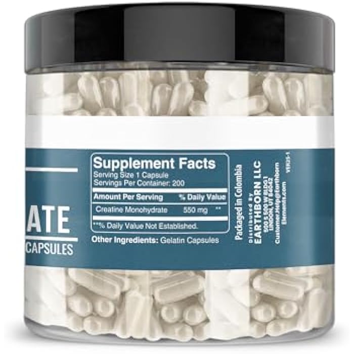 Earthborn Elements Creatine Monohydrate 200 Capsules, Pure & Undiluted, No Additives - Image 2
