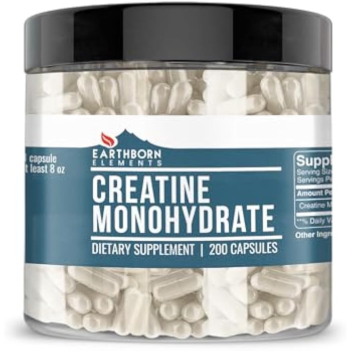 Earthborn Elements Creatine Monohydrate 200 Capsules, Pure & Undiluted, No Additives - Image 1